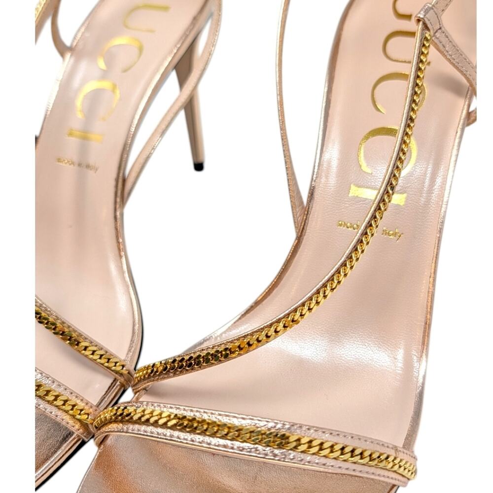 Gucci Sylvie Chain 95mm Metallic Rose Gold Strappy Leather Sandal Heel 42 | 11.5 - Picture 4 of 15